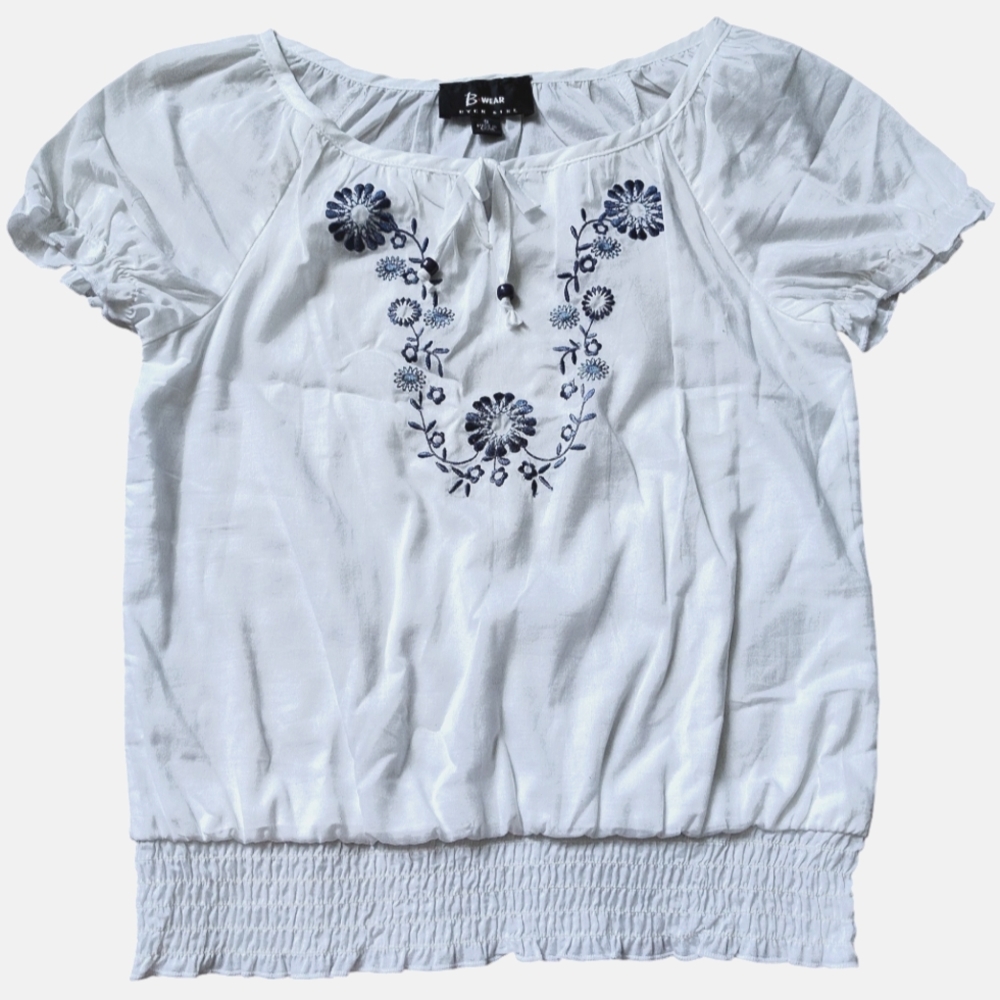 Bwear Girls Small Embroidered Blue Floral White Bubble Top--Size 8-10